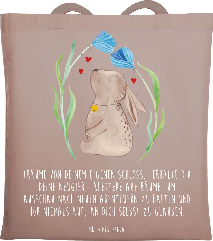 Mr. & Mrs. Panda Tote Bag Hase Blume - Braun Pastell - Geschenk, Geburt, Jutebeutel, Kindergeburtstag, Tasche, Schultasche, Laptoptasche, Geburtsta...