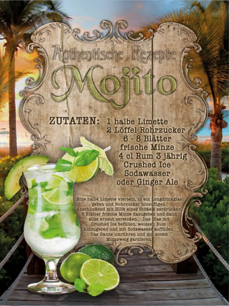 vianmo Holzschild 40x30 cm Rezept Mojito Zutaten Limette Minze