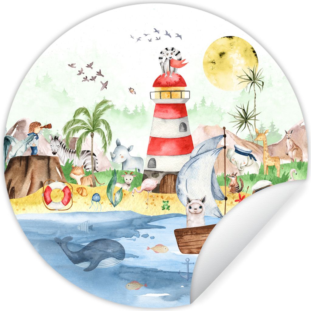 MuchoWow Runde Wandtattoo - Wandsticker Tapete Aufkleber Strand - Tiere - Kinder - Leuchtturm - Jungen Ø 80 cm Selbstklebend und Repositionierba...
