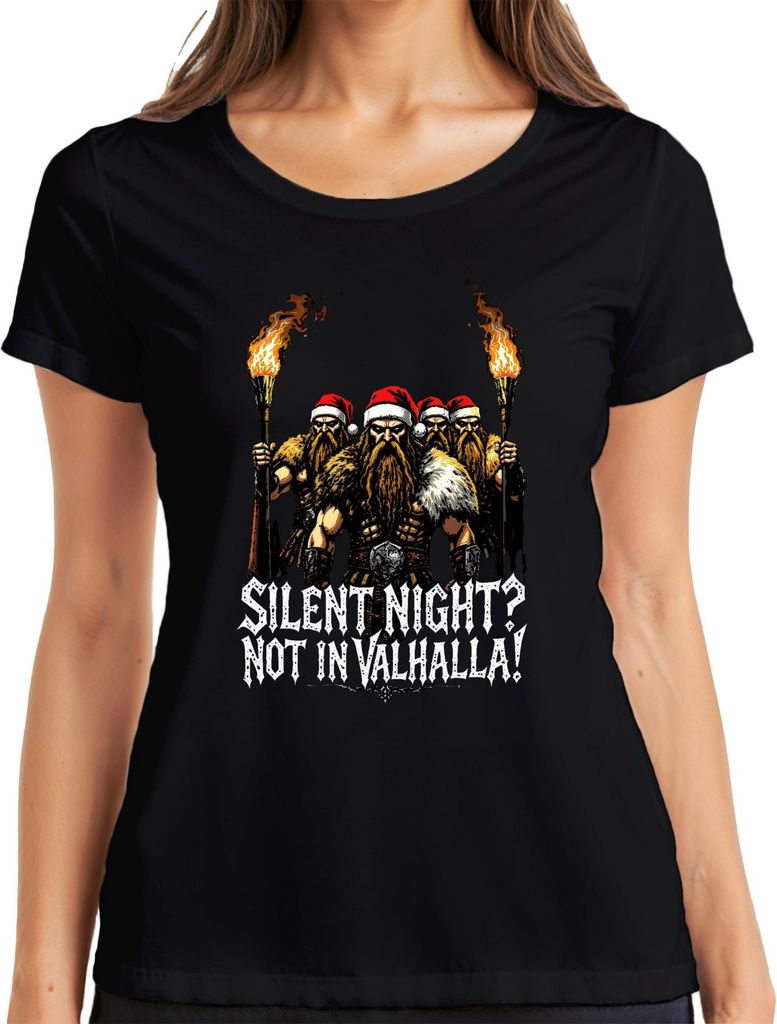 Silent Night Not In Valhalla Wikinger Krieger Fackel Santa lustig Damen T-Shirt, Schwarz, L