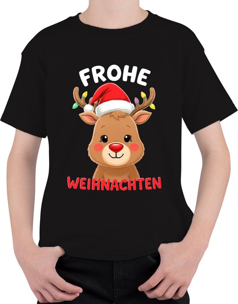 Frohe Weihnachten Weihnachtsgeschenk Rentier niedlich Rudolph Uni Kinder T-Shirt, Schwarz, 128