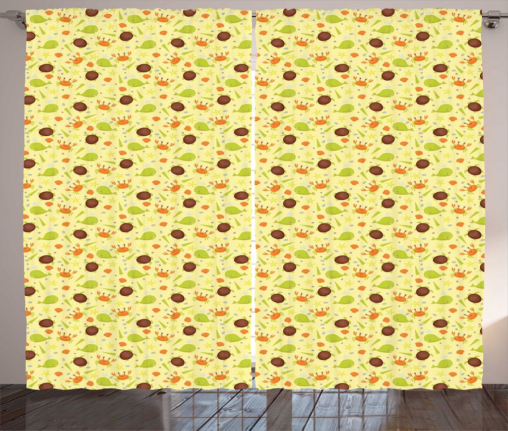 ABAKUHAUS Marine Rustikaler Vorhang, Whale Crab Turtle und Shells, Wohnzimmer Universalband Gardinen mit Schlaufen und Haken, 280 x 225 cm, gelb Mu...