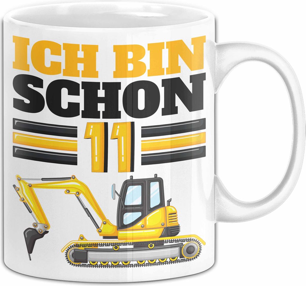 11. Geburtstag Geschenk Tasse Becher Jungs Bagger Ich Bin Schon 11 (Weiß)