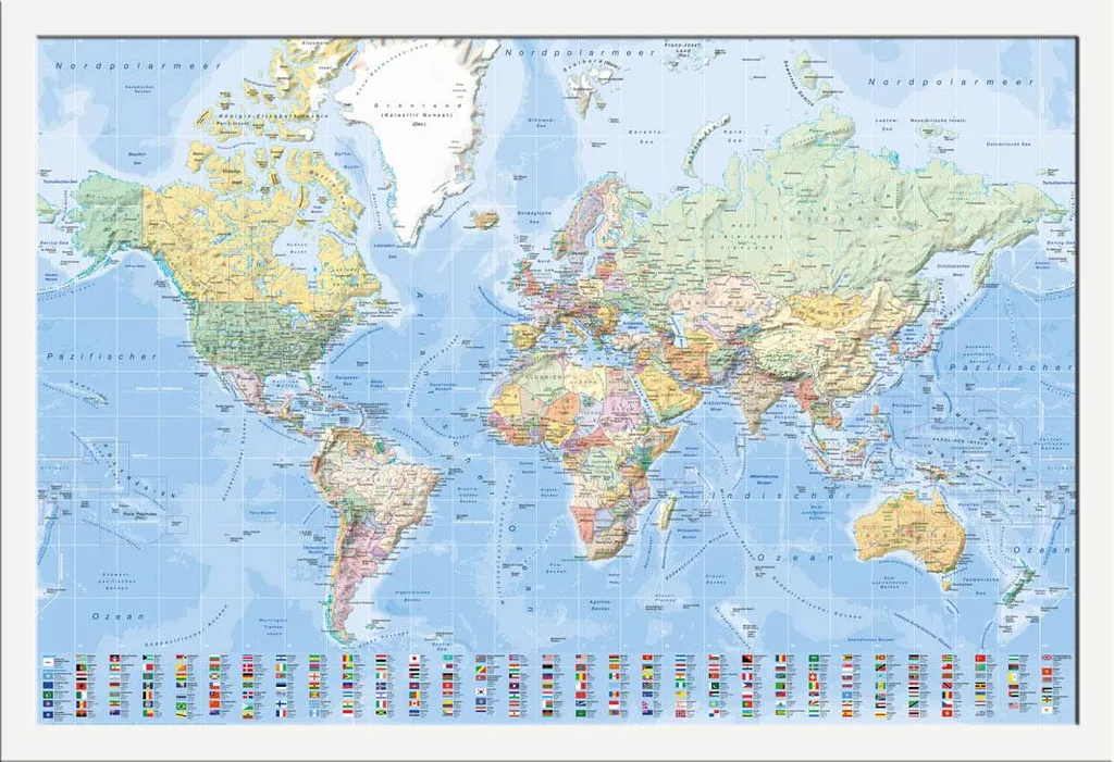 Décoration murale bureau : Carte du monde drapeaux et cadre blanc MDF
