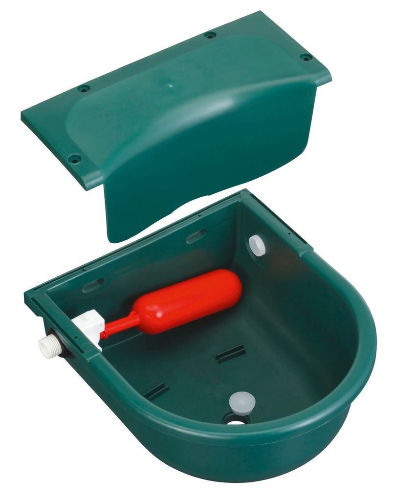 A green plastic water trough with a red float valve, shown with its lid removed.