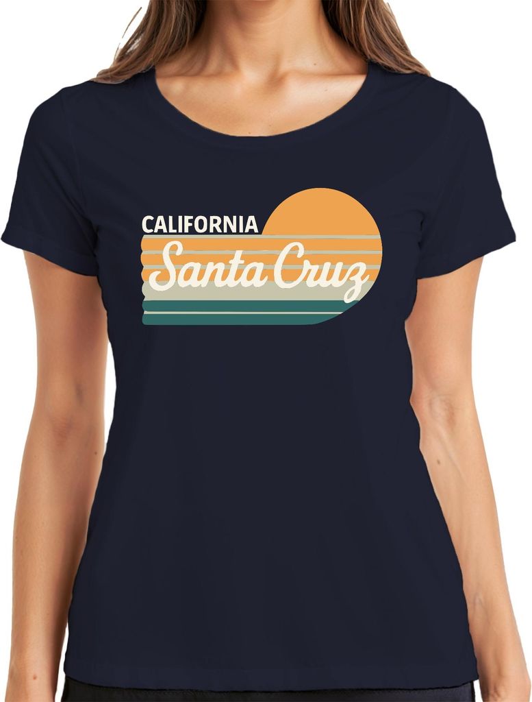 Santa Cruz California Retro Sonnenuntergang Surfen Strand Küste Damen T-Shirt, Navy, S