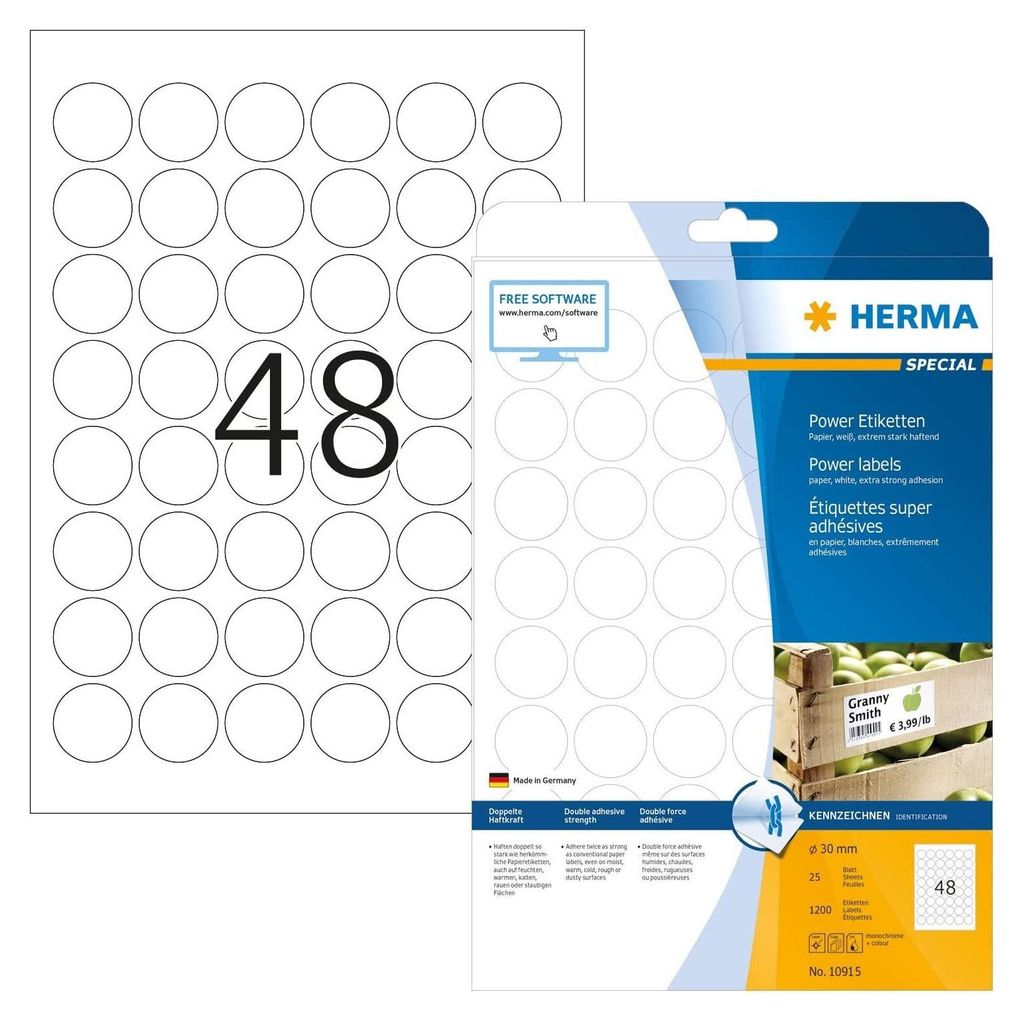 Etiketten A4 weiß Ø 30 mm rund extrem stark haftend Papier Produktbild 