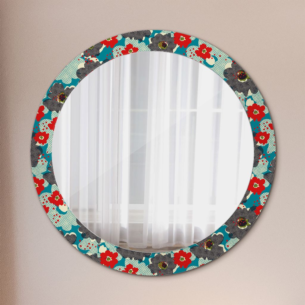 Dekospiegel – Hängespiegel Wandspiegel Spiegel mit Aufdruck – Spiegel – Schlafzimmer - Retro Blumen Muster - Rund: Ø80cm