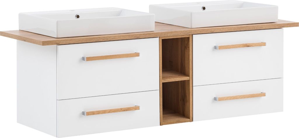 Doppelwaschtisch 165cm inkl. Keramikbecken und Regal DABO-04 in kreide weiß mit Eiche-Landhaus, B/H/T: 165,2/61,5/50 cm
