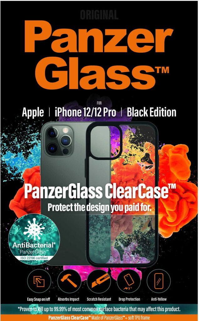 Marketing image for a PanzerGlass ClearCase for iPhone 12/12 Pro, featuring the product and promotional text.