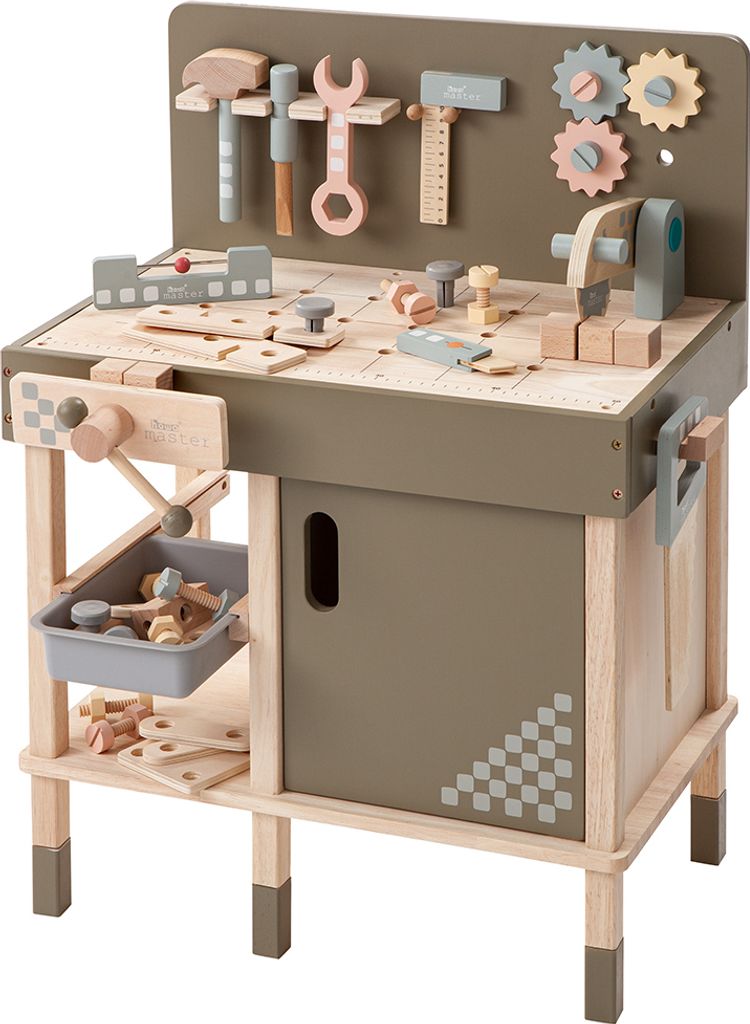 A wooden toy workbench with various tools and accessories.
