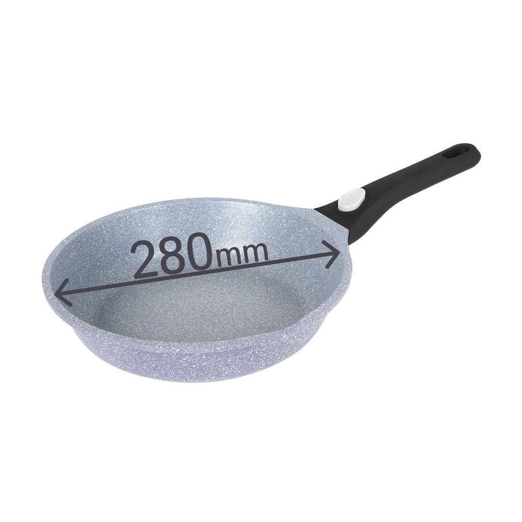 A frying pan with a measurement indicator.