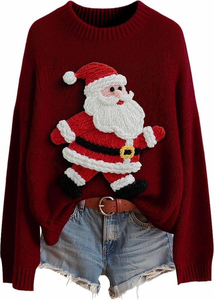 ASKSA Damen Weihnachtspullover,Strickpullover Rundhals Pulli Sweater Herbst Winter Warm Strickpulli Weihnachtspulli (A-Rotwein,M)