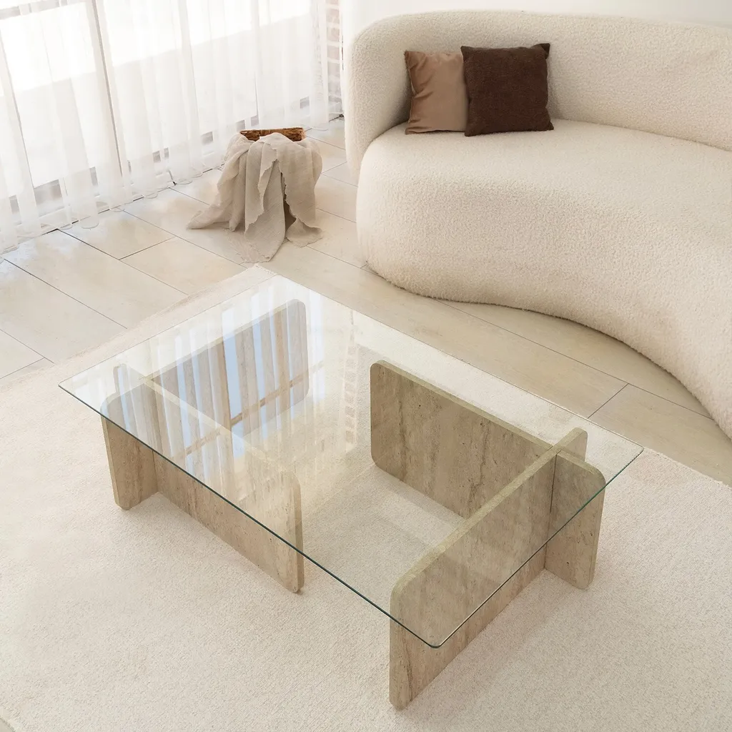 Table basse robuste en travertin et verre 105 cm : design durable - 5