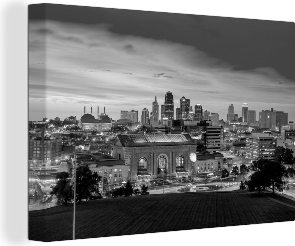 OneMillionCanvasses - Leinwandbilder - 140x90 cm, Eine Luftaufnahme von Kansas City in Amerika bei Nacht - schwarz und weiß, Wandbilder Kunstdru...
