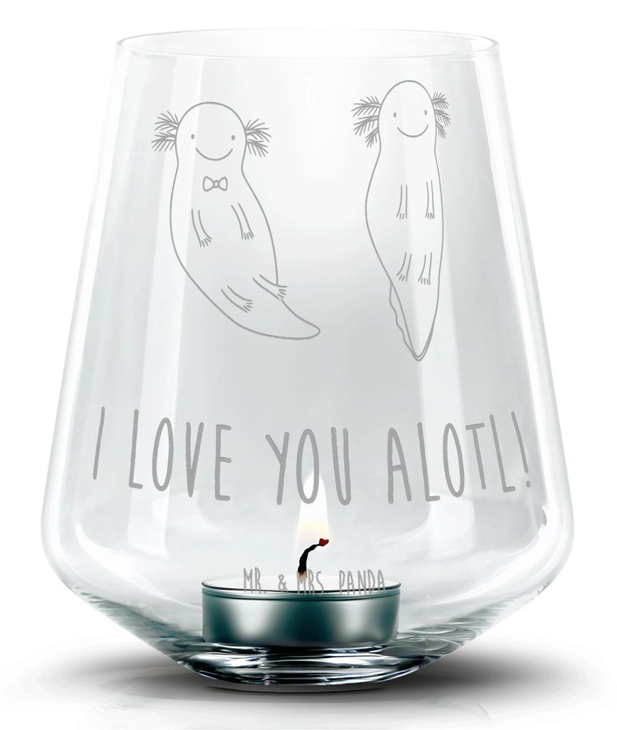 Mr. & Mrs. Panda Laterne Axolotl Liebe - Transparent - Geschenk, Teelichthalter, Glas Windlicht, Valentinstag, Hochzeitstag, Kerzenhalter, Mitbring...