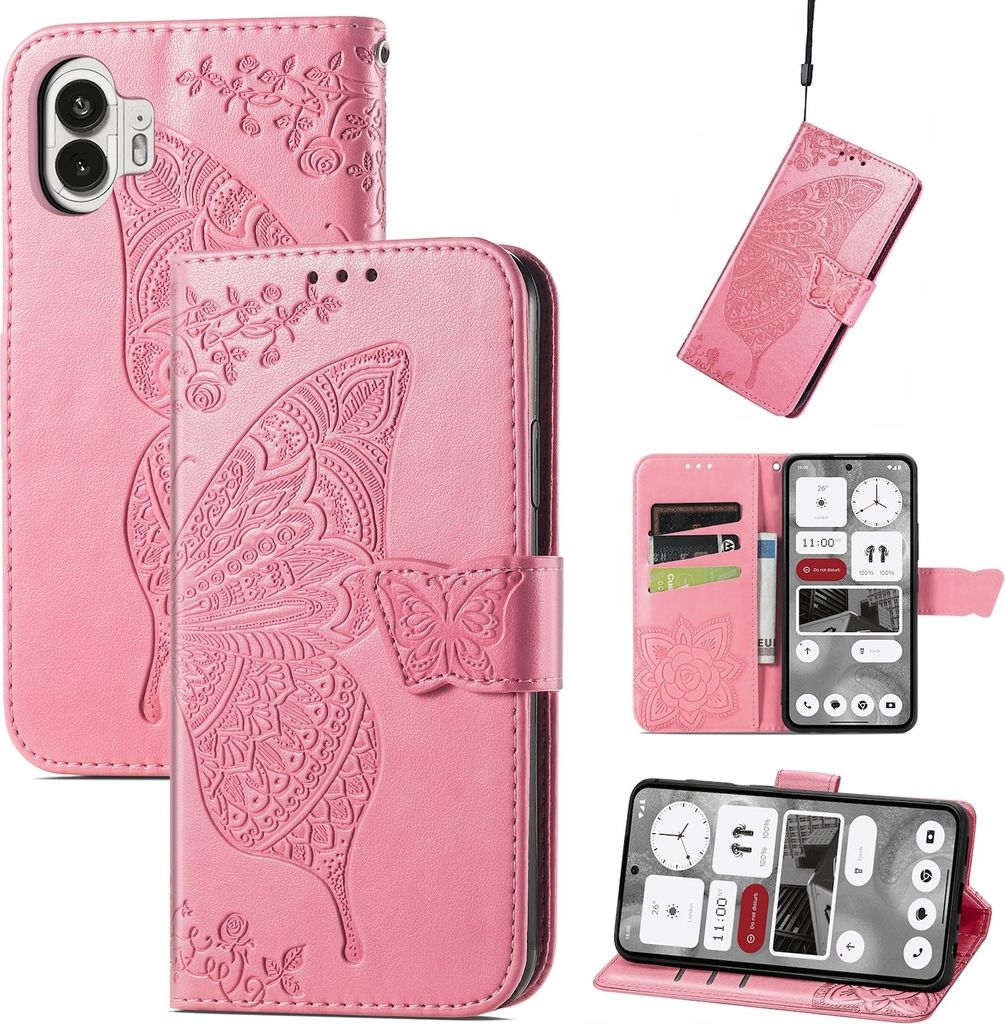 Für Nothing Phone 2 Kunstleder Wallet Handy Tasche Schmetterling Design Hülle Etuis Pink