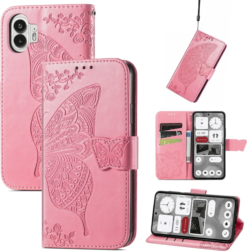 Per Niente Phone 2 Portafoglio in Pelle finta Custodia per cellulare Butterfly Design Case Rosa