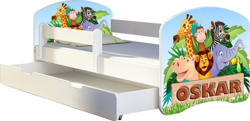 ACMA Jugendbett Kinderbett Junior-Bett Komplett-Set mit Matratze Lattenrost und Rausfallschutz Weiß 02 Animals Name 180x80 + Bettkasten