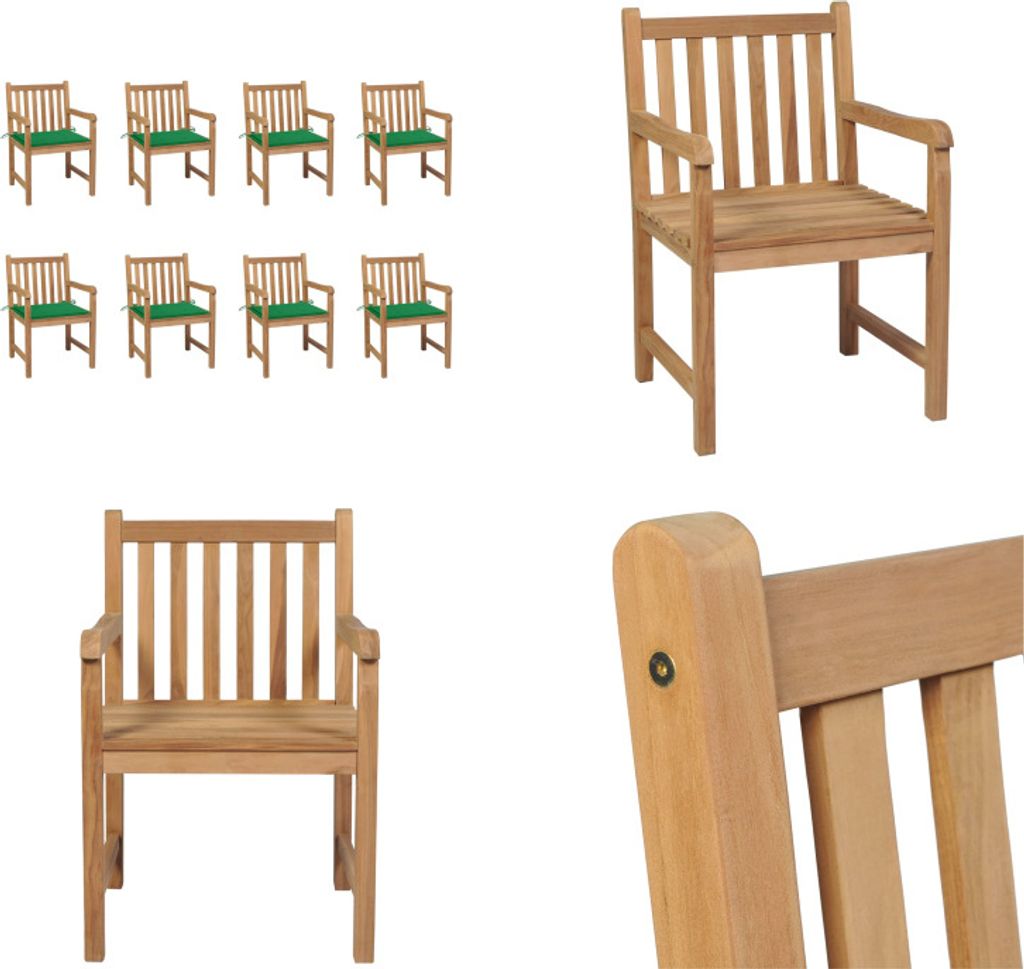 vidaXL Gartenstühle 8 Stk. mit Grünen Kissen Massivholz Teak - Gartenstuhl - Gartenstühle - Gartensessel - Holzstuhl