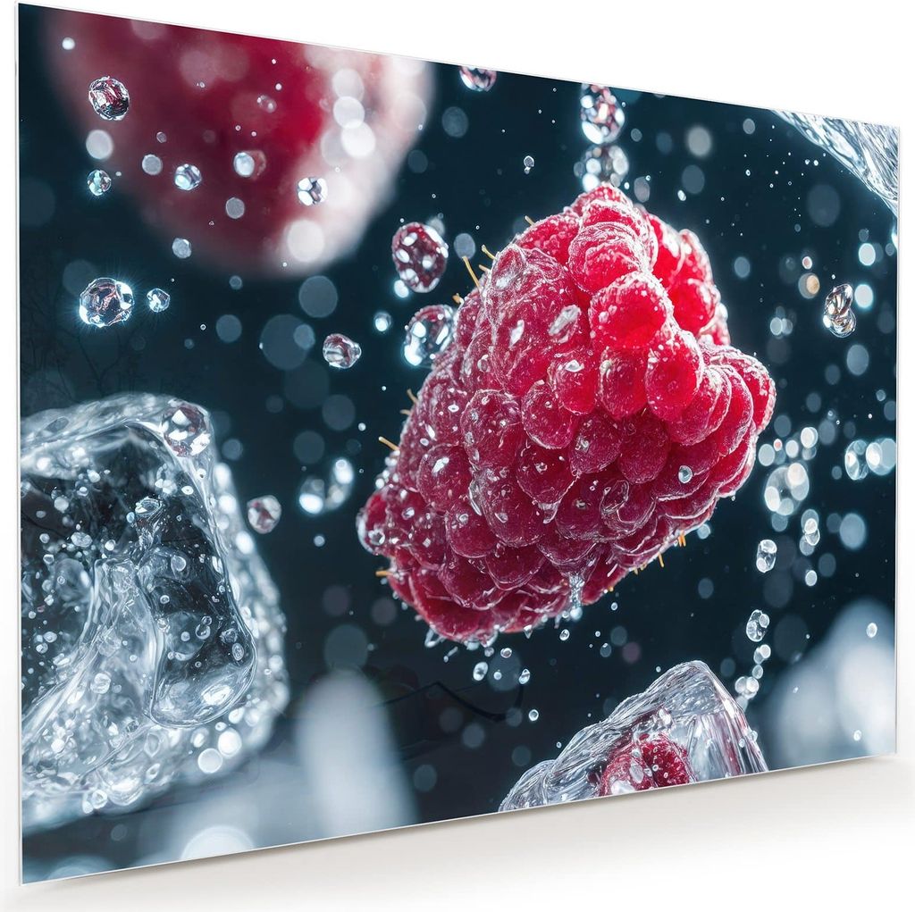 Glasbild 120x90cm in XXL für Wohnzimmer, Schlafzimmer Motiv Himbeeren im Regen