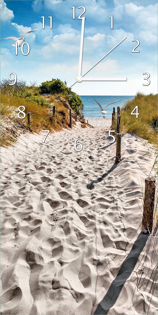 Wallario Design Wanduhr Möwen auf dem Weg zum Strand aus Echtglas, Größe 30 x 60 cm