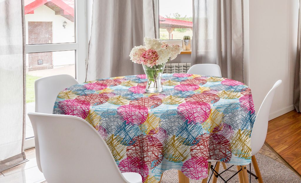 ABAKUHAUS Bunt Runde Tischdecke, Kritzelte Kreise Motive, Kreis Tischdecke Abdeckung für Esszimmer Küche Dekoration, 150 cm, Mehrfarbig