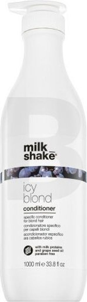 A white bottle of Milk_Shake Icy Blond Conditioner with text and a band of blue berries.