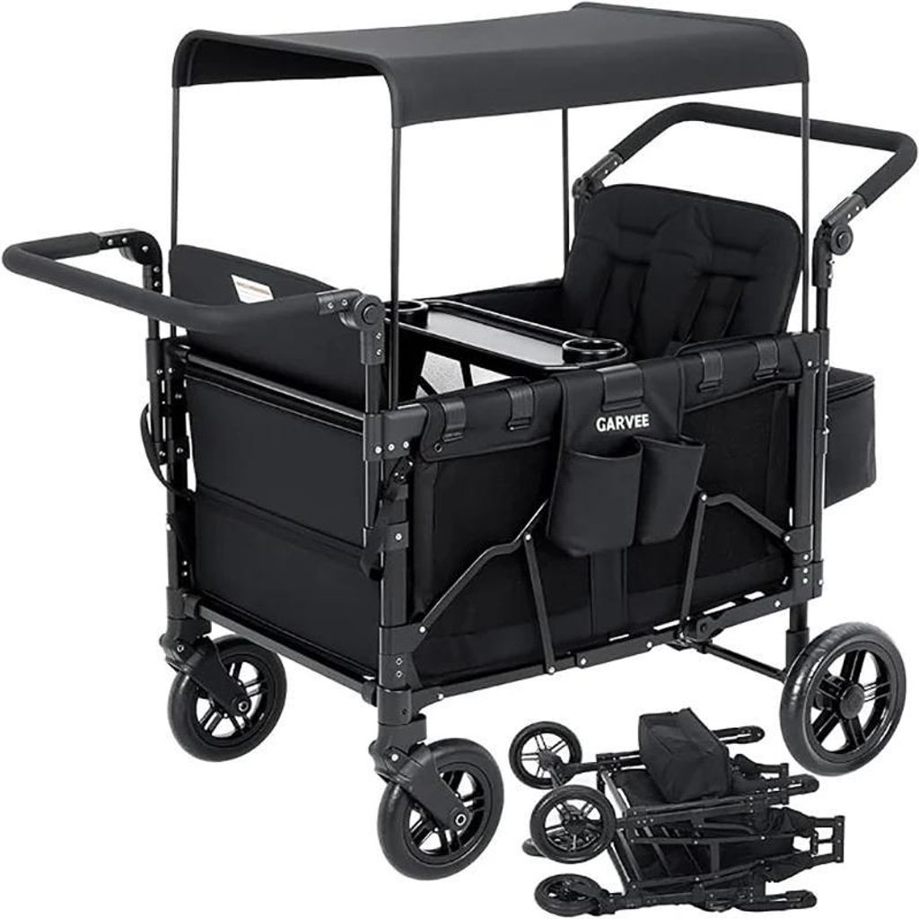 Kinder Stroller Bollerwagen 4-Sitzer - Geländekinderwagen - Faltbar - Schiebe- und Ziehgriff - 360° Schwenkräder - Verstellbares Sonnendach - 5-...