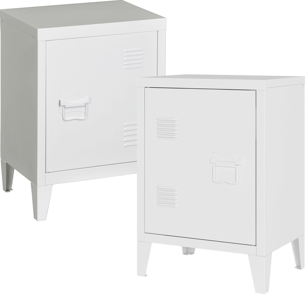 Two white metal lockers are shown against a white background.
