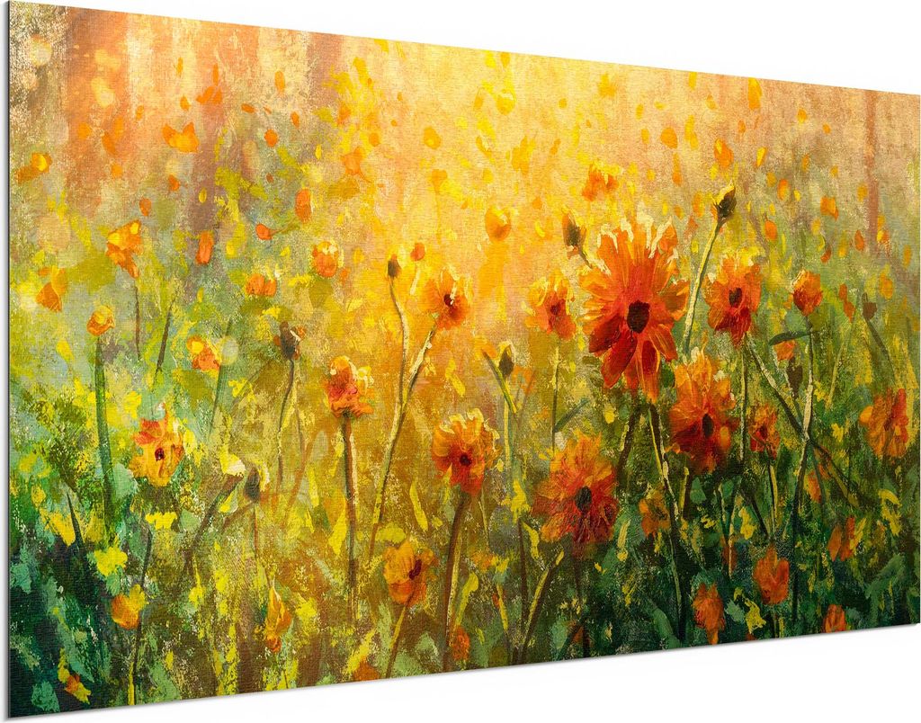 DEQORI Alu-Dibond Bild Gold 100x50 cm 'Blumenwiese im Monet-Stil' Wandbild Metall dünn