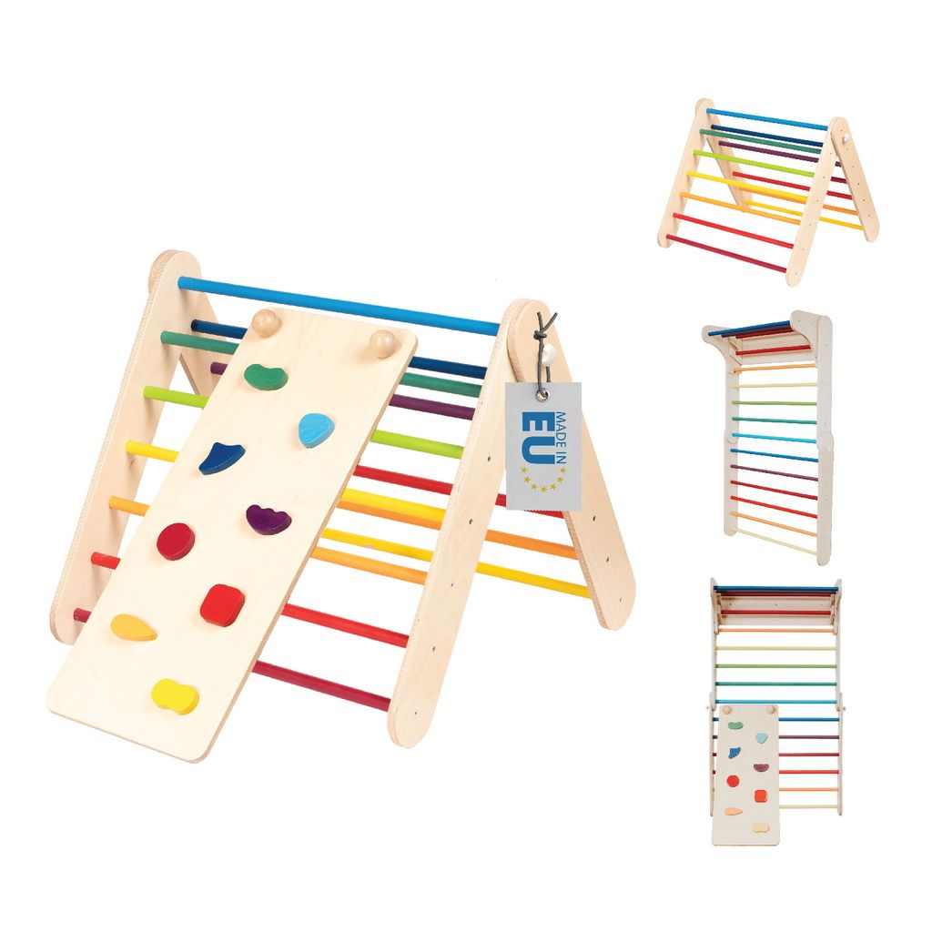 Kletterdreieck Sprossenwand mit Rampe / Rutsche 2in1 Indoor, aus Holz, Bunt