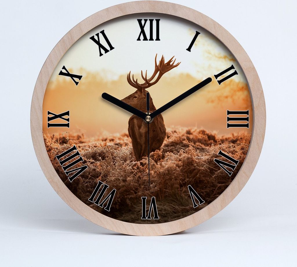 Holzuhr 25fi cm wanduhr - schwarze Spitzen - Hirsch Sonnenaufgang