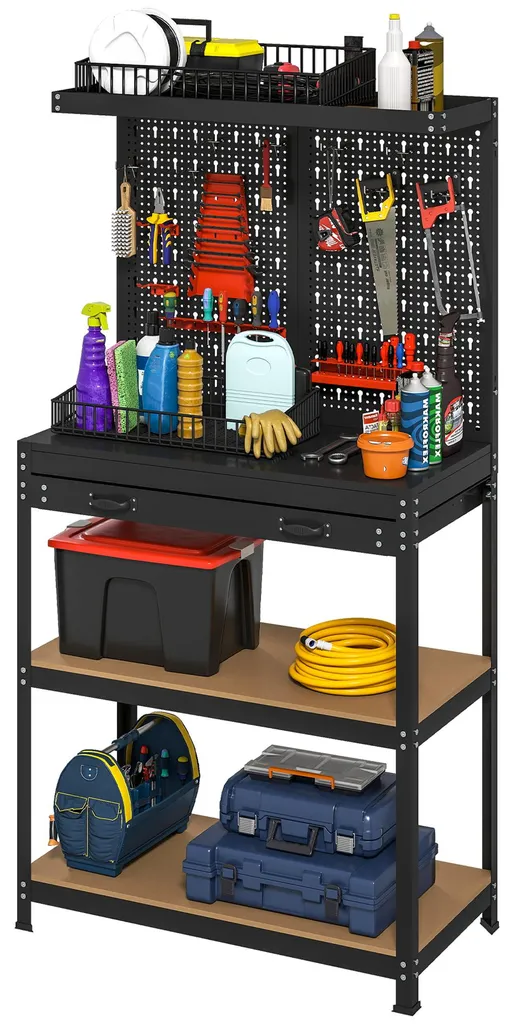 Table de travail avec rangement d'outils et panneau mural mural noir