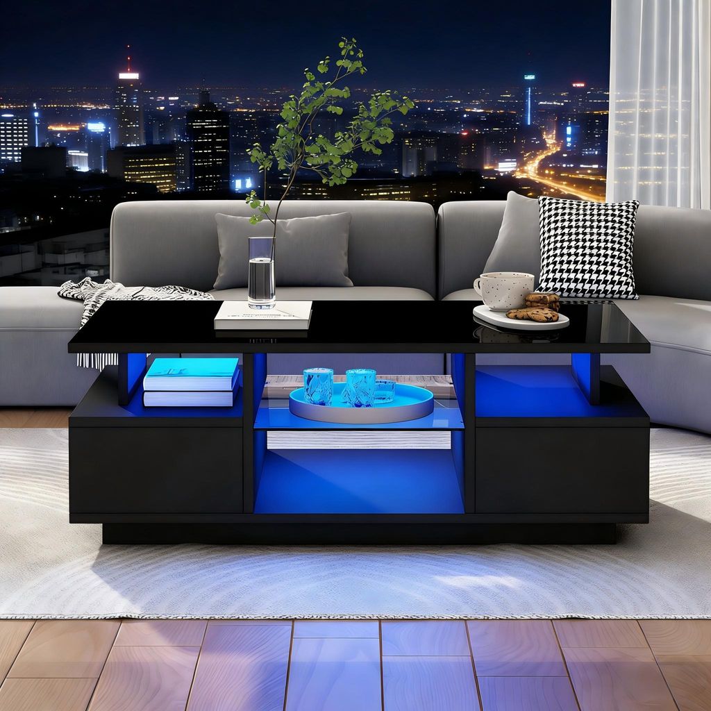 Couchtisch 100x50 cm, LED, 2 Schubladen, hochglänzend, Schwarz, 100x50x36 cm