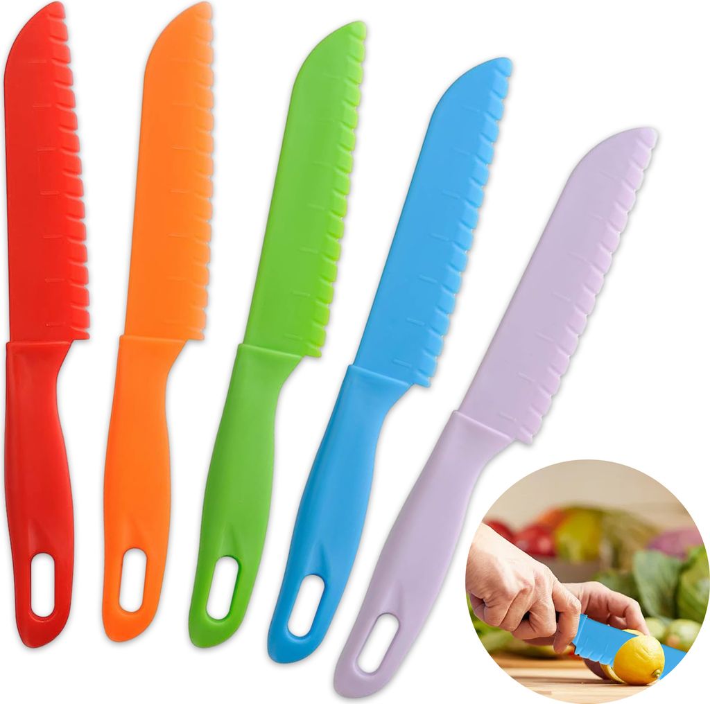 QttvbTna 5-teiliges Küchenmesser-Set für Kinder aus Kunststoff, wiederverwendbares Kochen mit Wellenschneider, Kinder-Kochmesser, Kinder-Backmess...