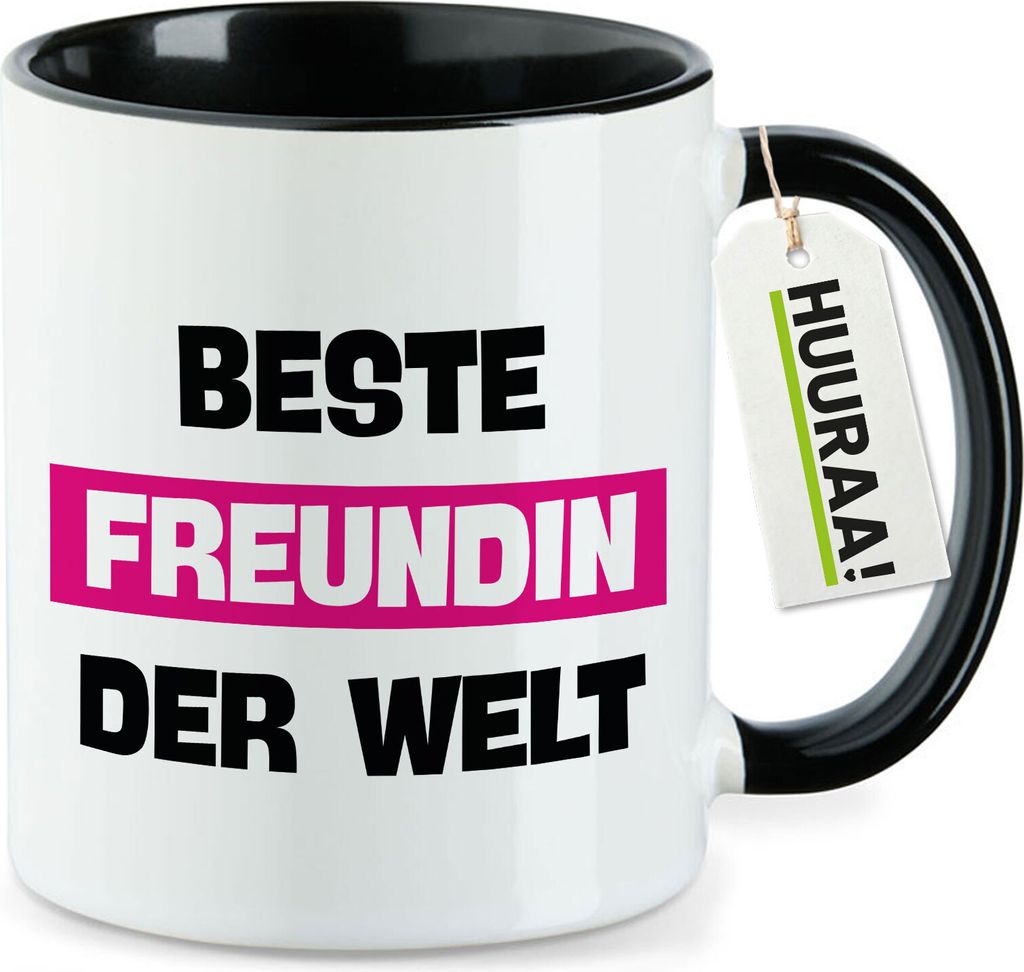 Huuraa Kaffeetasse Beste Freundin der Welt 330ml Schwarz Keramik Kaffeebecher Geschenkidee