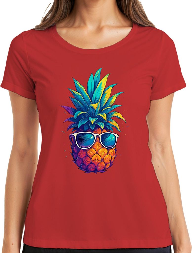 Ananas Sonnenbrille bunt tropisch Sommer Urlaub Hawaii Retro Damen T-Shirt, Rot, XXL