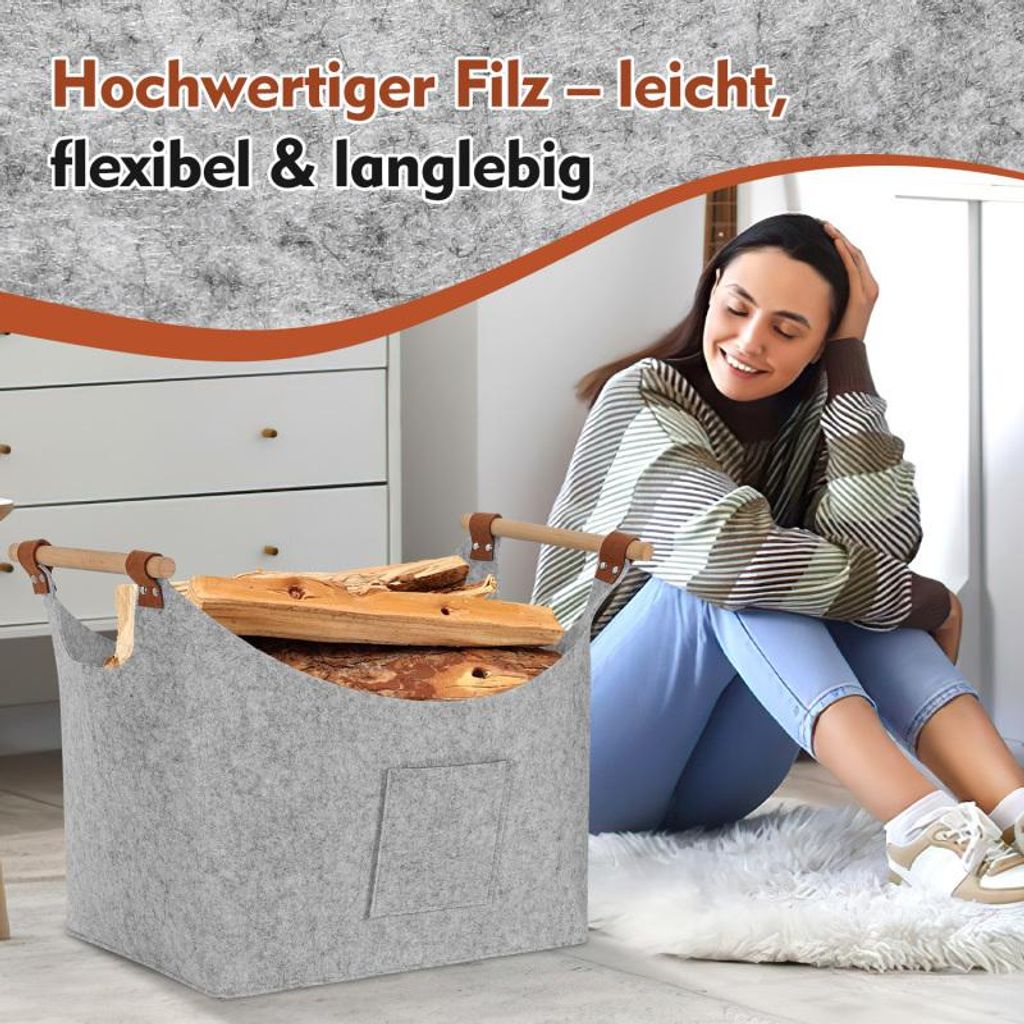 Cesto PortaLegna In Rattan Naturale - 66x47x44 Cm Con 2 Manici Extra Larghi - Cesta In Vimini Per Camino - 3
