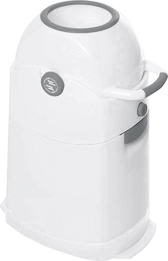 A white diaper pail with gray accents, shown from a front-side angle against a white background.