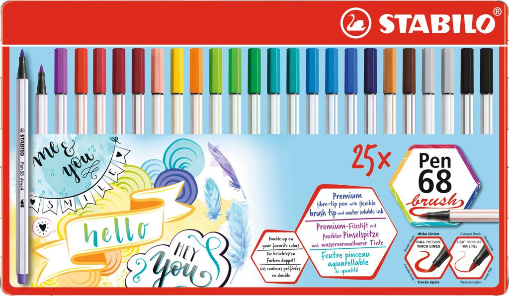 Premium-Filzstift mit Pinselspitze für variable Strichstärken - STABILO Pen 68 brush - 25er Metalletui - mit 19 verschiedenen Farben