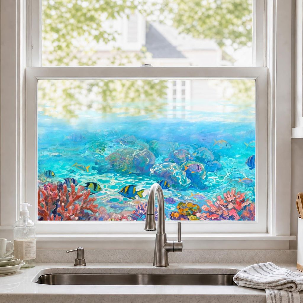 Fensterfolie - Statisch haftend mit botanischem Blumenmuster - Sichtschutz für Fensterglas - Azurblaue Geheimnisse