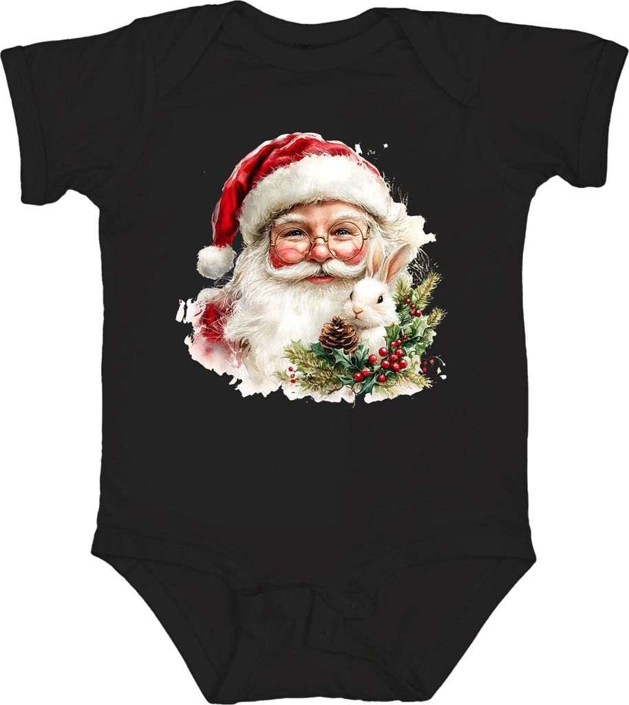 Weihnachtsmann Kaninchen Tannenzapfen Stechpalme Aquarell Unisex Baby Body, Schwarz, 0/3