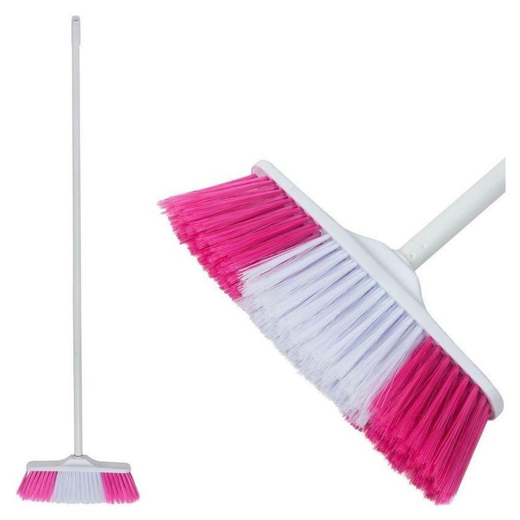 A broom with a white handle and pink and white bristles is shown against a white background.