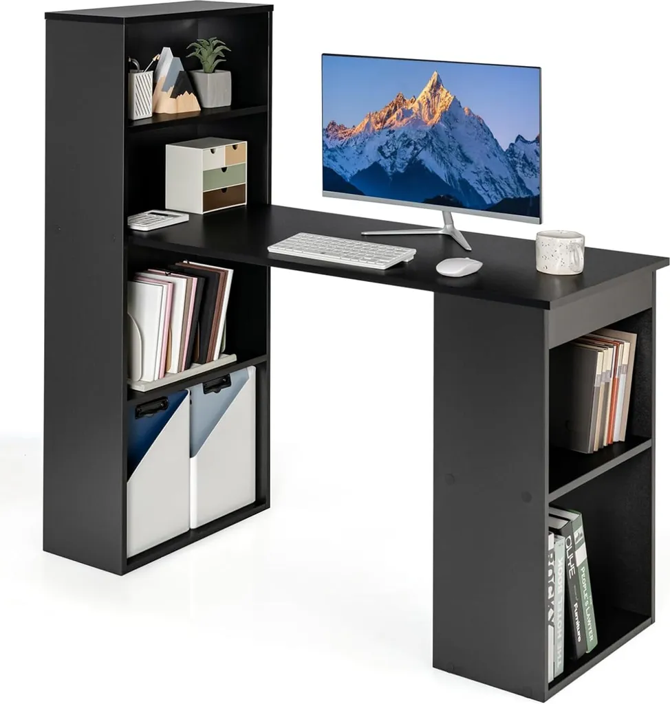 OFFERTA Scrivania COSTWAY Nera 122x122cm con Libreria 6 Ripiani PC