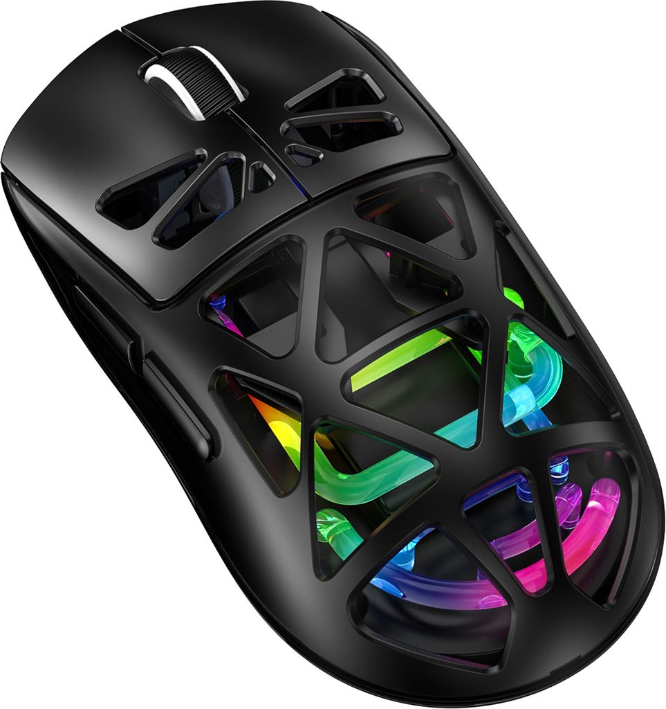 M7 Leichte Gaming-Maeuse 2,4G/BT/Kabelgebunden 3 Modi Konnektivitaet Transparente, hohle, wiederaufladbare Computermaeuse mit LED-Leuchten fuer PC ...