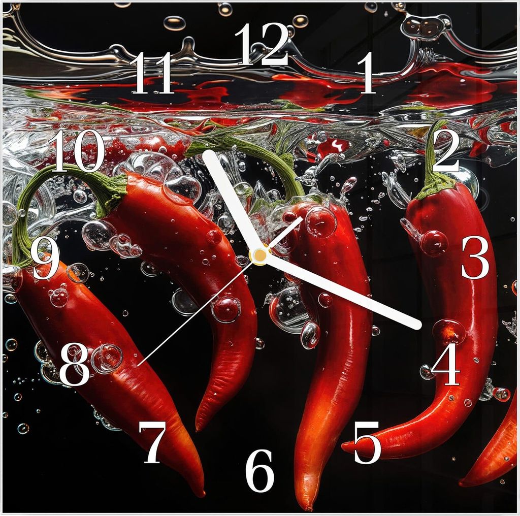 Wanduhr aus Glas mit Motiv Chili unter Wasser- 30 x 30 cm - Produktbild 