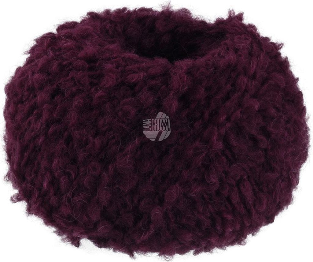 A ball of burgundy yarn with a textured, fluffy appearance.