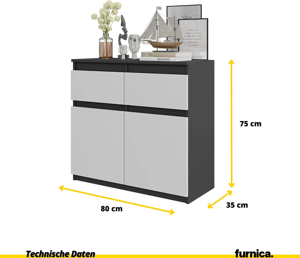 Buffet bas Commode 2 Portes et 2 Tiroirs Gris et Blanc Mat L80cm NOAH