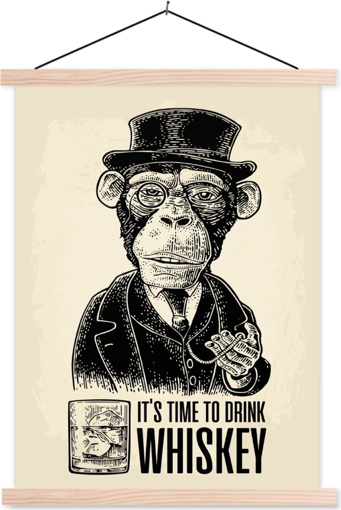 MuchoWow Textilposter Mancave - Jahrgang - Whiskey - Affe 120x160 cm mit holzfarbenen Rahmen - Plakatkarton